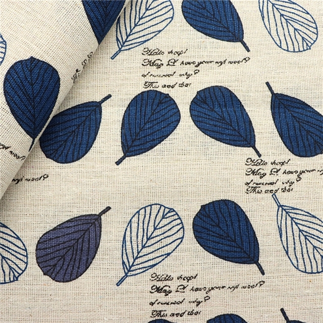 leaf text printed linen fabric blue,50*150cm(19.7*59.1