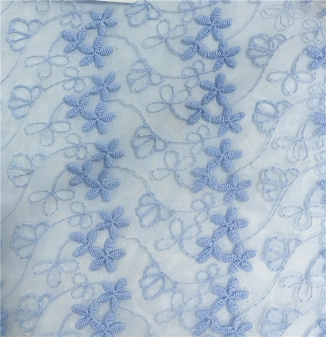 embroidered blue flowers organza fabric
