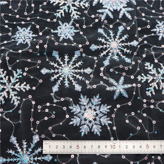 blue snowflake sequin mesh embroidered fabric