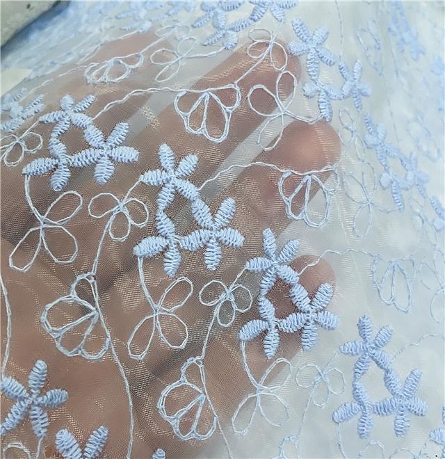 embroidered blue flowers organza fabric