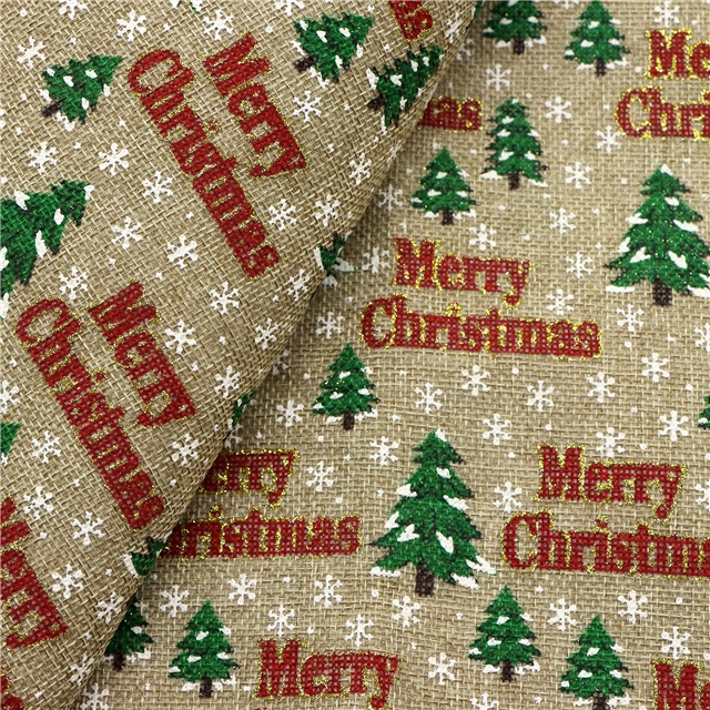 christmas tree letters glitter ink printed faux linen fabric