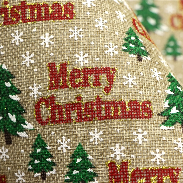 christmas tree letters glitter ink printed faux linen fabric