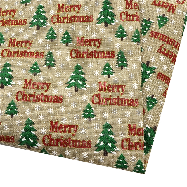 christmas tree letters glitter ink printed faux linen fabric