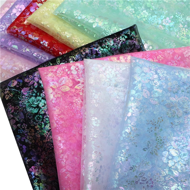 100% polyester colourful gold hot stamping flower mesh fabric