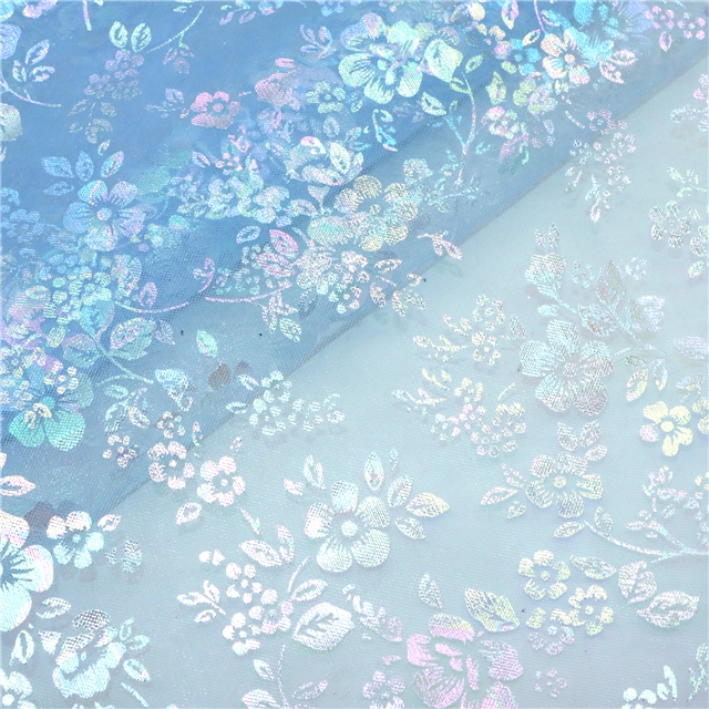 100% polyester colourful gold hot stamping flower mesh fabric blue,50*160cm(19.7*63