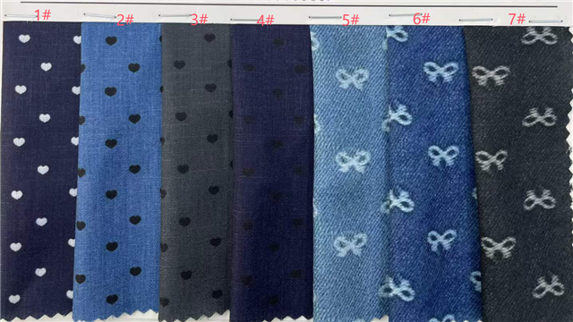 denim colored polka dot bow printed fabric
