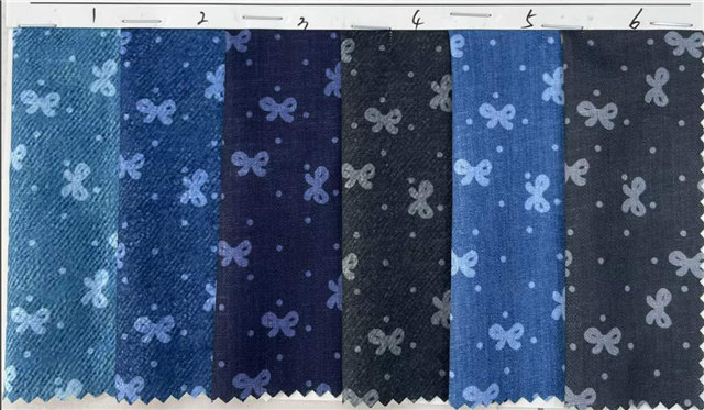 denim colored polka dot bow printed fabric