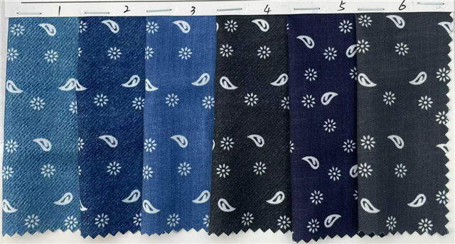 denim colored cashew patterned flower printed fabric