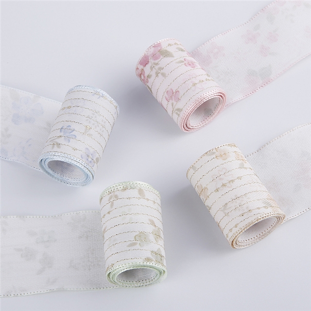 bright silk gold thread stripe flower embossing edge pressing ribbon