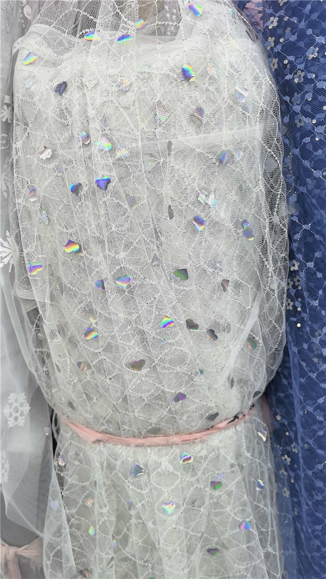 colorful laser sequins, heart-shaped lace mesh fabric