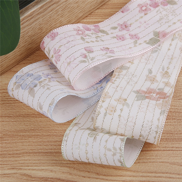 bright silk gold thread stripe flower embossing edge pressing ribbon