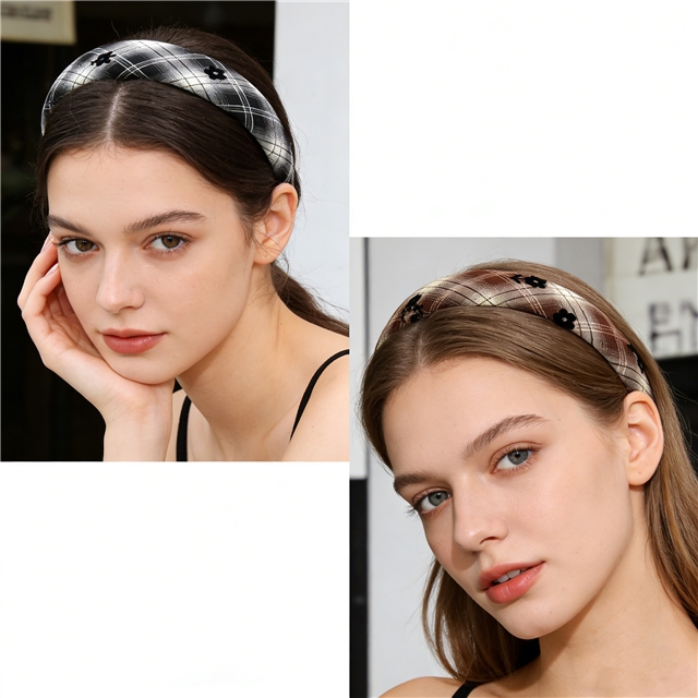 velvet flower plaid high cranial hairband