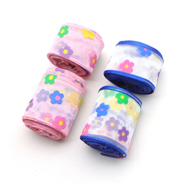 offset printing colorful flowers three-ply yarn embossing edge pressing ribbon