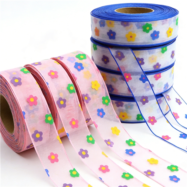 offset printing colorful flowers three-ply yarn embossing edge pressing ribbon