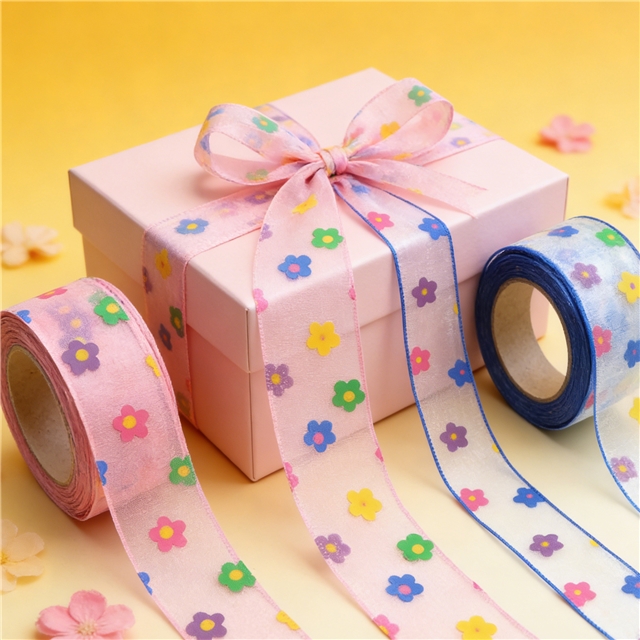 offset printing colorful flowers three-ply yarn embossing edge pressing ribbon