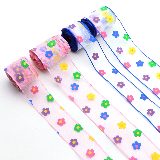 offset printing colorful flowers three-ply yarn embossing edge pressing ribbon