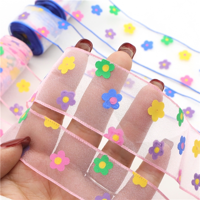 offset printing colorful flowers three-ply yarn embossing edge pressing ribbon