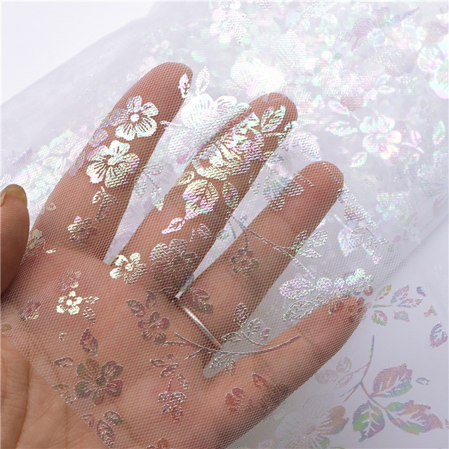 100% polyester colourful gold hot stamping flower mesh fabric