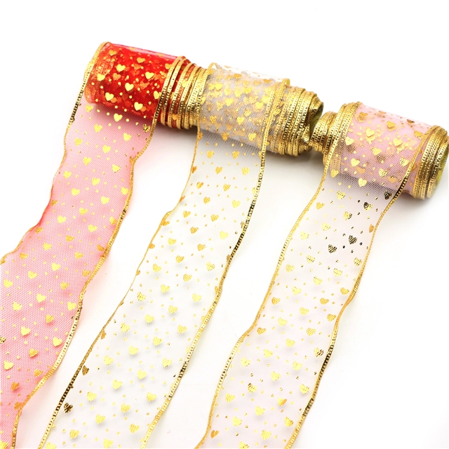 gold hot stamping heart mesh embossing edge pressing ribbon（5yard/roll）