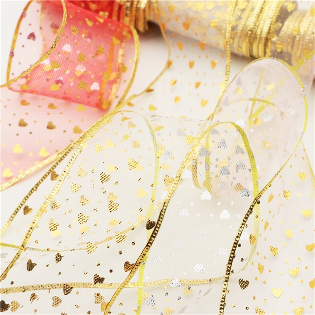 gold hot stamping heart mesh embossing edge pressing ribbon（5yard/roll）