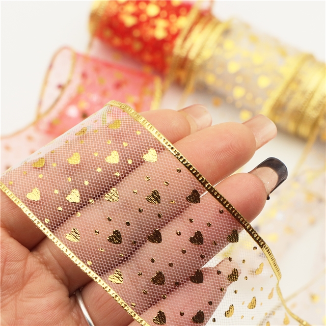 gold hot stamping heart mesh embossing edge pressing ribbon（5yard/roll）