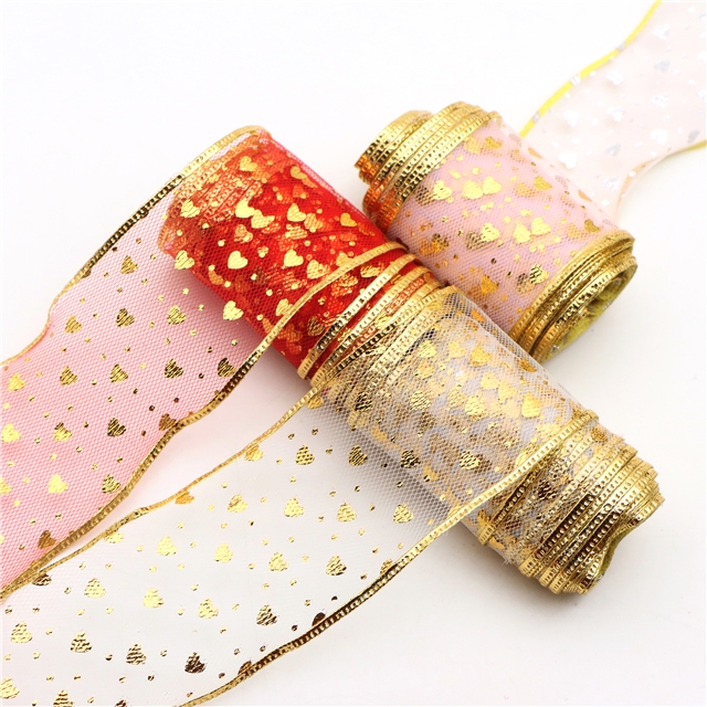 gold hot stamping heart mesh embossing edge pressing ribbon（5yard/roll）