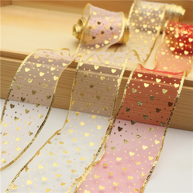 gold hot stamping heart mesh embossing edge pressing ribbon（5yard/roll）