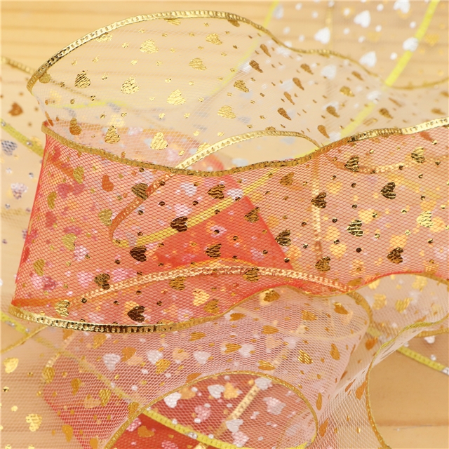 gold hot stamping heart mesh embossing edge pressing ribbon（5yard/roll）