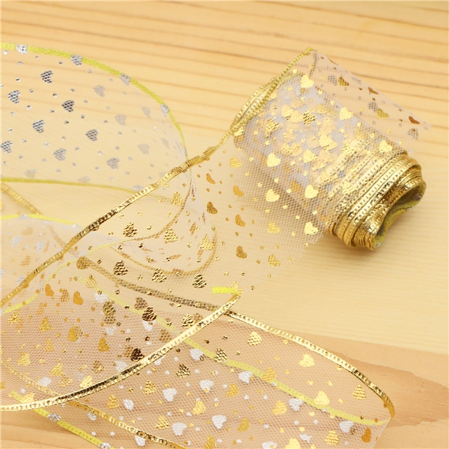 gold hot stamping heart mesh embossing edge pressing ribbon（5yard/roll）