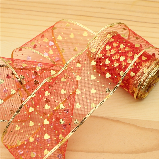 gold hot stamping heart mesh embossing edge pressing ribbon（5yard/roll）
