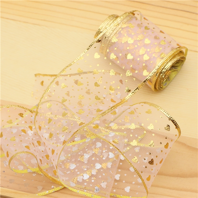 gold hot stamping heart mesh embossing edge pressing ribbon（5yard/roll）