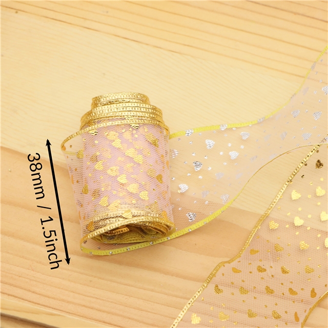 gold hot stamping heart mesh embossing edge pressing ribbon（5yard/roll）