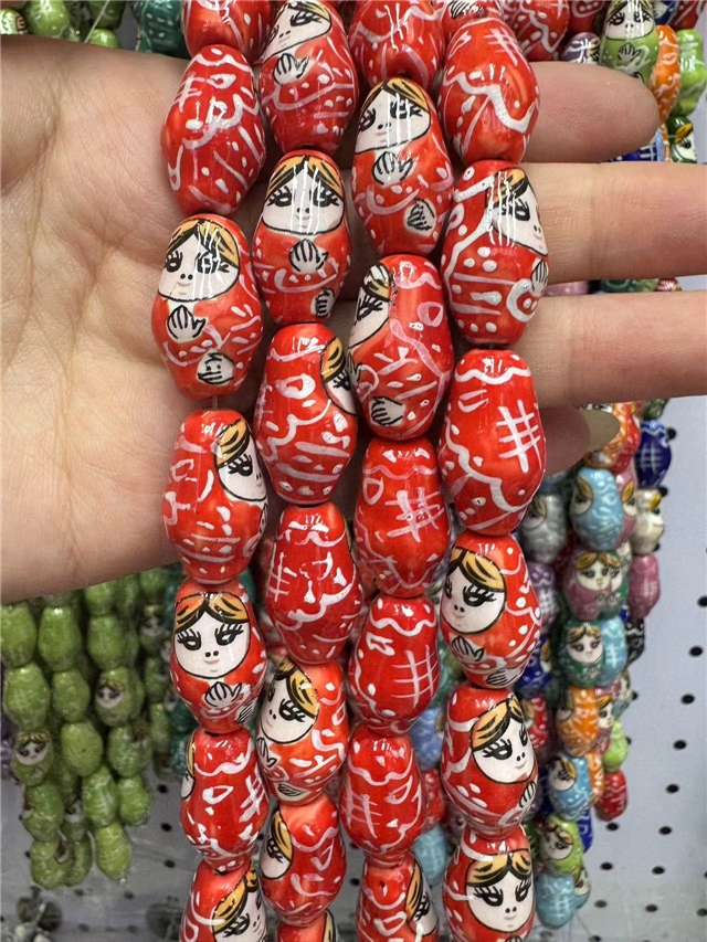 ceramics hand drawn Russian nesting doll ceramic beads