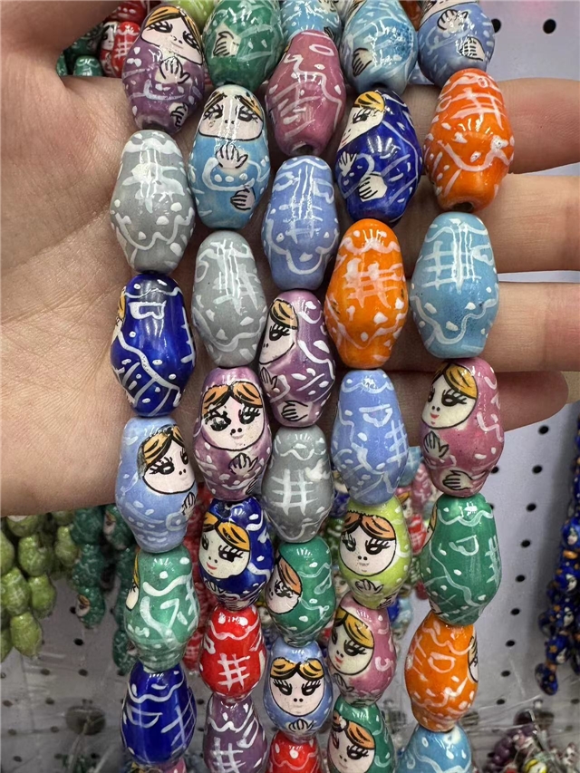 ceramics hand drawn Russian nesting doll ceramic beads