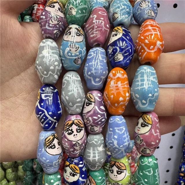 ceramics hand drawn Russian nesting doll ceramic beads