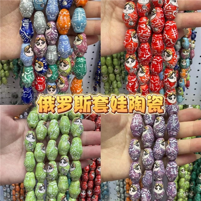 ceramics hand drawn Russian nesting doll ceramic beads