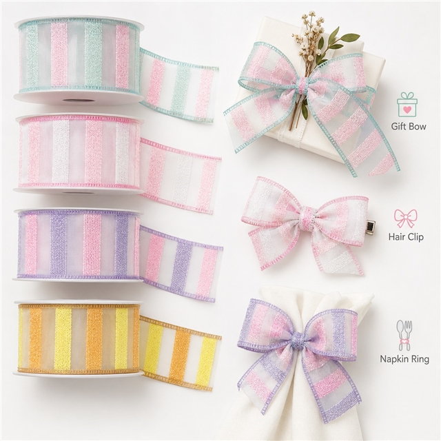 gold and silver wire colorful striped organza ribbon