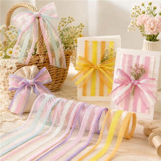 gold and silver wire colorful striped organza ribbon