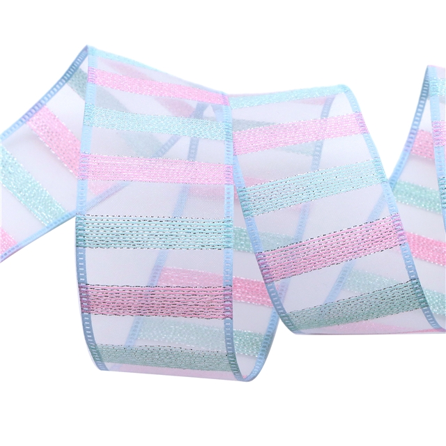 gold and silver wire colorful striped organza ribbon